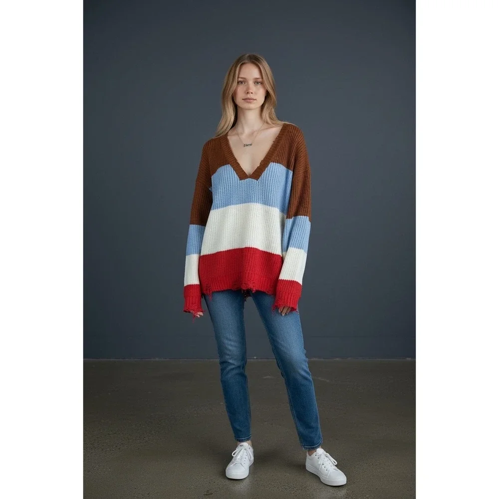 POL Striped V Neck Distressed Sweater‎ Size L Brown Blue White Red